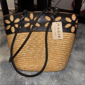 Magid Straw with Orange Trim Floral Accent Tote NWT